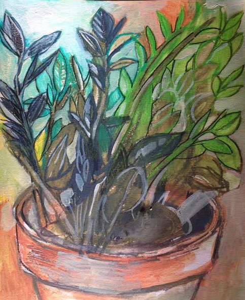 Color Calisthenics no. 2. One hour color study of Zamioculcas zamiifolia houseplant. Concentrated ink stick, aquarelle, acrylic on mixed media paper.