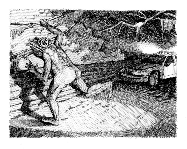 The Loveland Frog Man. Micro pigment ink on drawing paper. 5" x 7"
