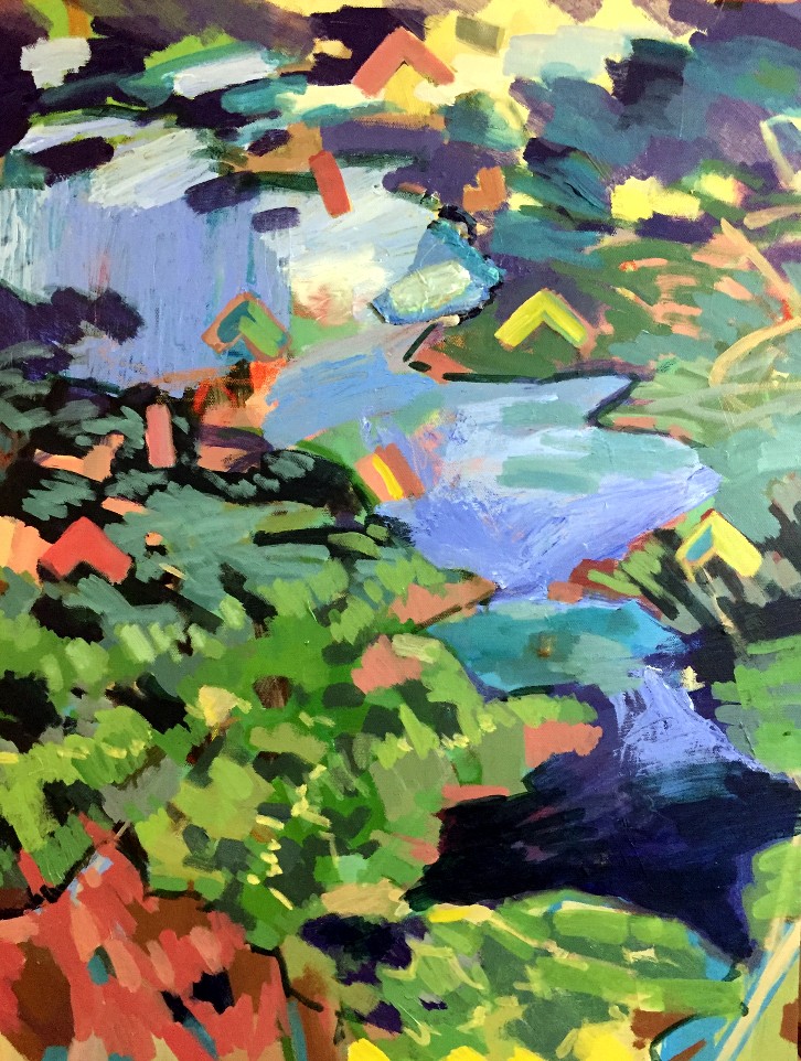 Flying Shapes (working title). Acrylic and ink on canvas. 18" x 24"