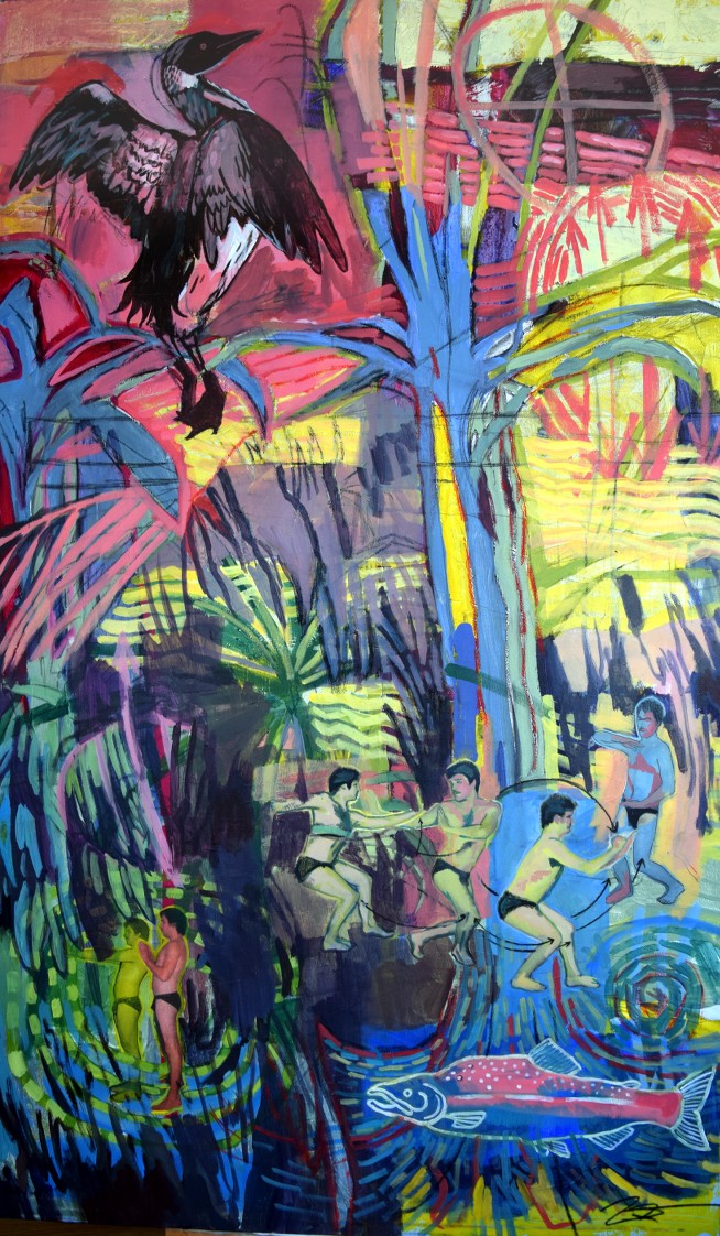 Dynamo II: Migration Motion. Acrylic, charcoal, aquarelle, collage on canvas. 36