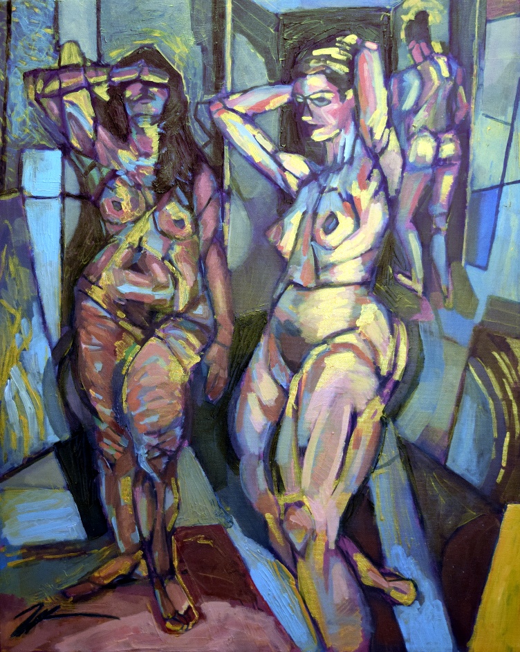 Three Figures. Acrylic, ink and charcoal on canvas. 24 " x 30"