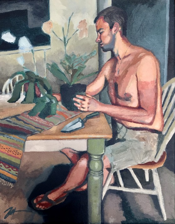 Mr. Jobe Surveying his Winter Orchids. Acrylic on canvas.