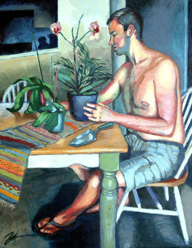 Mr. Jobe and His Winter Orchids. Acrylic on canvas. 9" x 12"