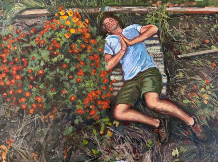 Self-portrait with marigolds. 2026. Acrylic on canvas. 18" x 24"
